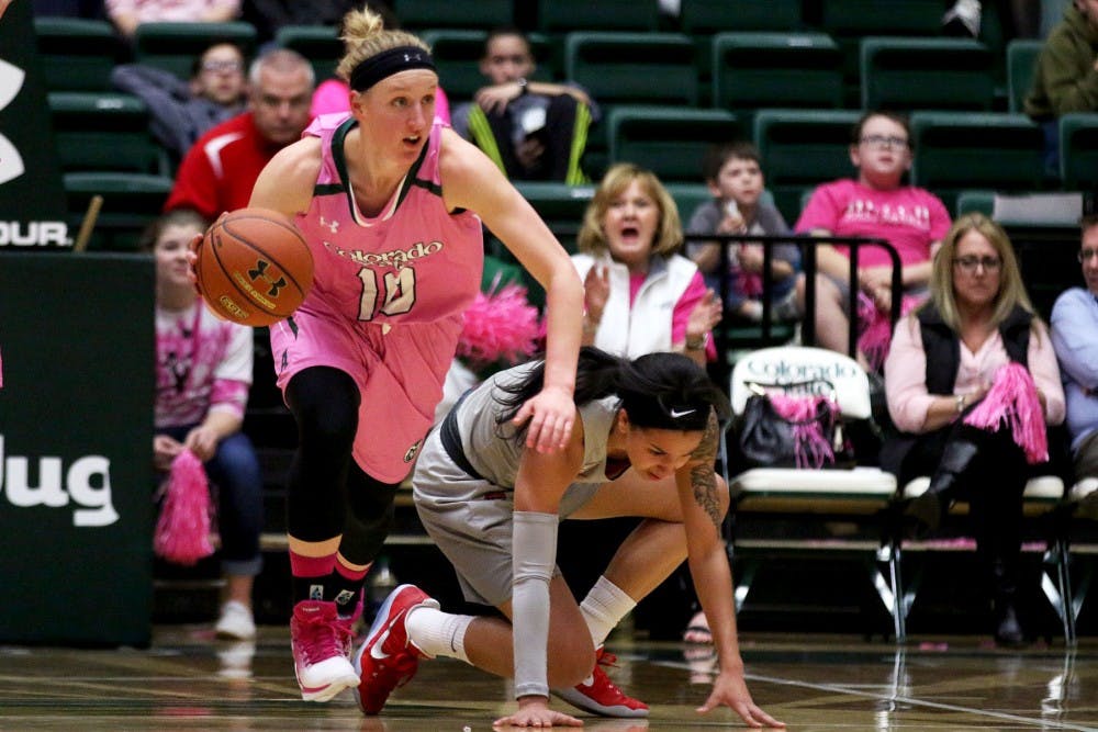 Junior Cherise Beynon scrambles to get up while a CSU player sprints down court Wednesdy, Feb. 22, 2017 in Fort Collins, Colorado.&nbsp;