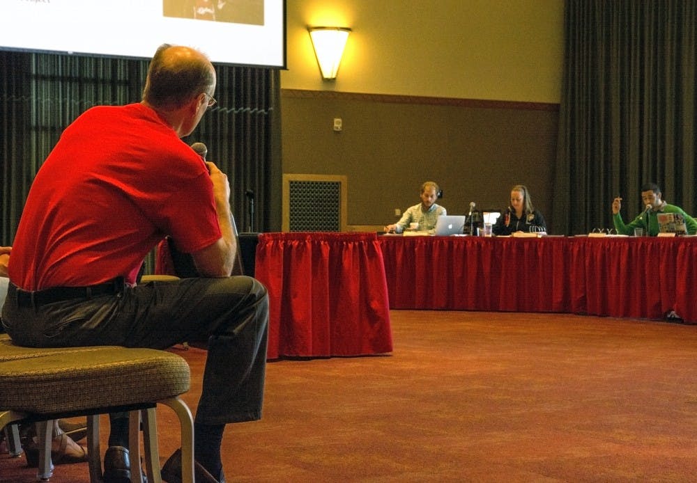David Wright, of UNM's Global Education Office (GEO) discusses the establishment of a Passport Office on UNM campus during the Student Fee Review Board Hearing on Sunday September 27th. GEO aims to add a new student position along with the revenue generating Passport Office in the coming year.