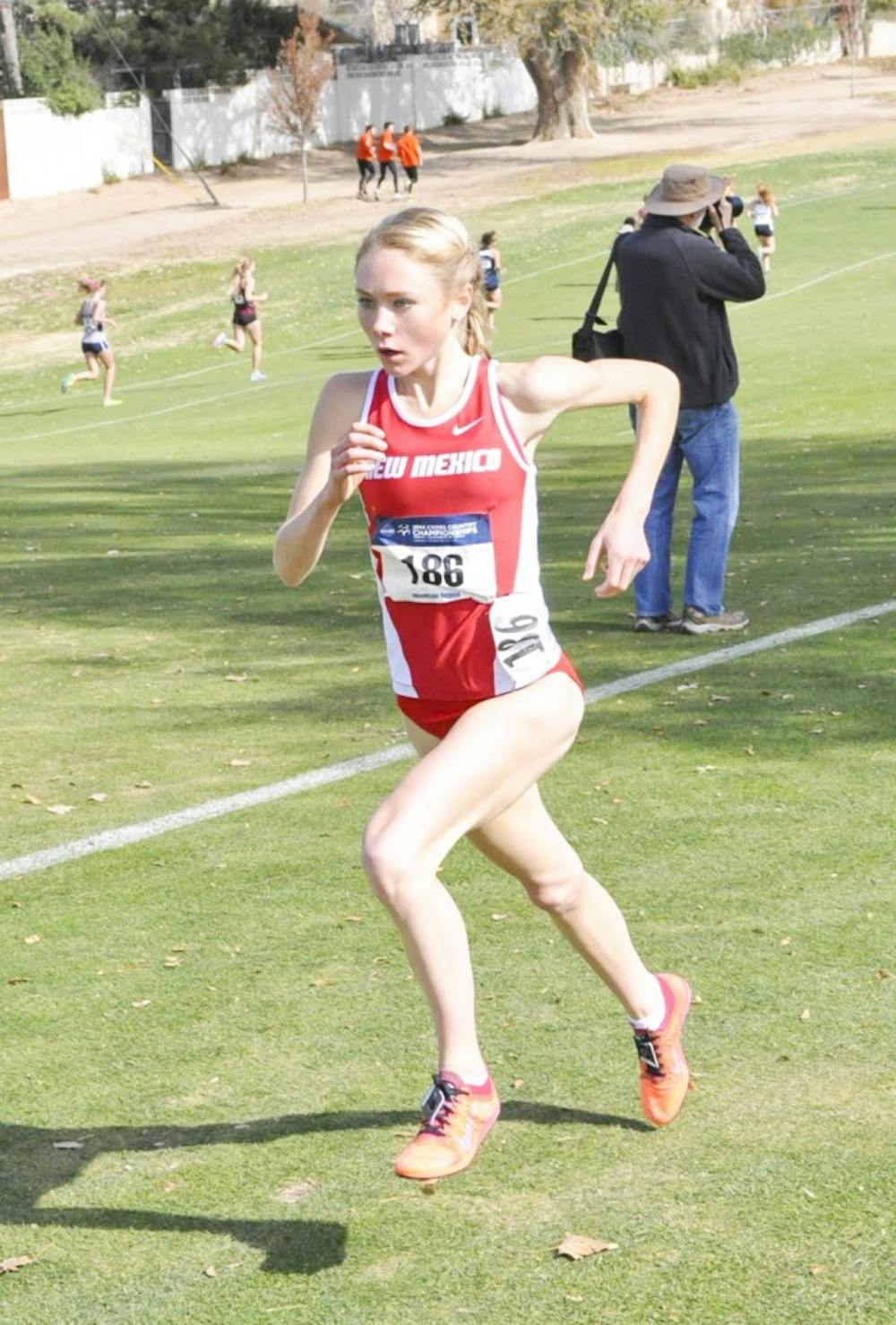 New Mexico redshirt freshman Alice Wright approaches the finish line in the 2014 Women’s NCAA Division 1 Mountain Region Cross Country Championships on Nov. 14. Wright took first place by five seconds with time of 20:51.10.