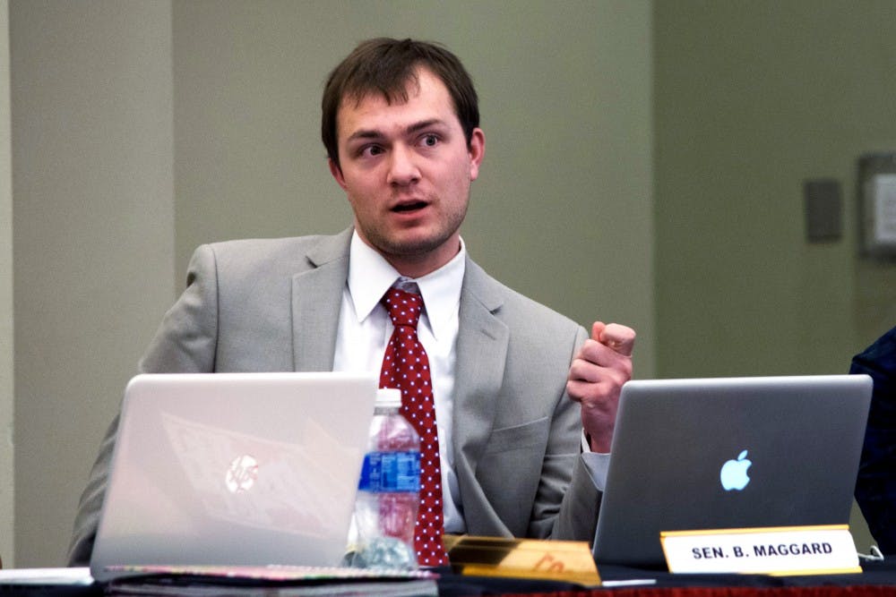 ASUNM Sen. Ben Maggard speaks at a ASUNM meeting on&nbsp;Wednesday March 30, 2016 at the SUB. ASUNM passed a resolution criticizing UNM Regents on the timeliness of their decision to raise tuition.&nbsp;&nbsp;