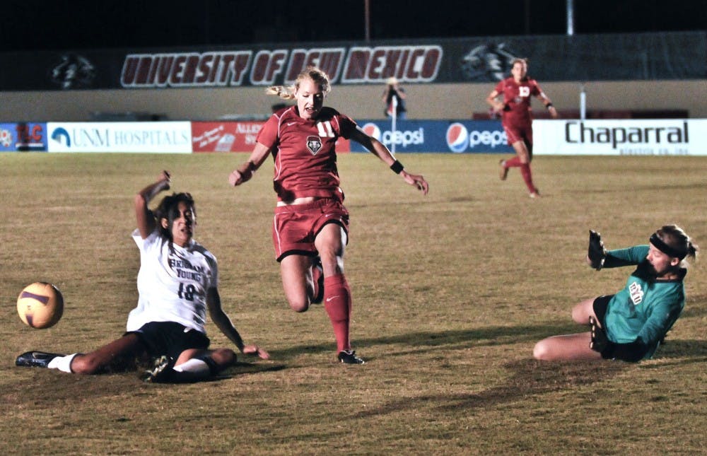 	Kate Wyrick attacks BYU’s goal at the UNM Soccer Complex on Oct. 16. The Lobos have earned at least a share of the Mountain West Conference regular-season championship. They can win the title outright by beating TCU on Saturday. 