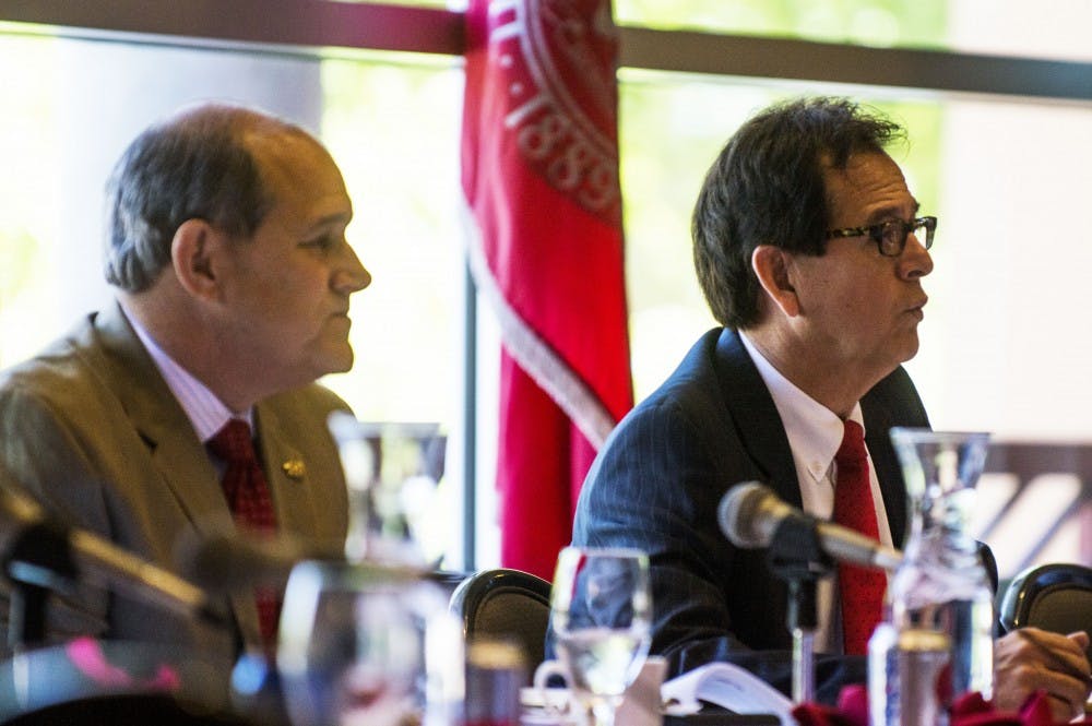 Former Secretary Treasurer Jack Fortner, right, speaks at a Board of Regents meeting Friday, May 9, 2014 at the SUB. Gov. Martinez has yet to name new Regents. The board currently has six members, after former Student Regent Ryan Berryman officially resigned last month.