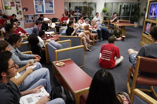 Students watch the vice presidential debate between Sen. Joe Biden and Gov. Sarah Palin at the Student Residence Center on Thursday. 