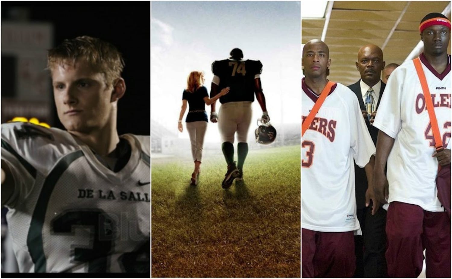 From left to right are images from the movies “When The Game Stands Tall,” “The Blind Side” and “Coach Carter.”