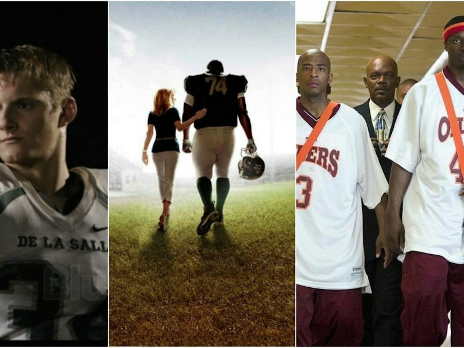 From left to right are images from the movies “When The Game Stands Tall,” “The Blind Side” and “Coach Carter.”