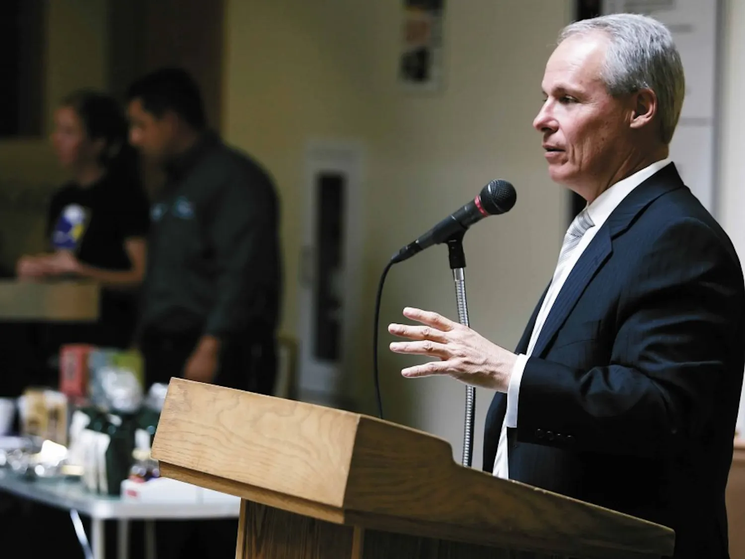Mayor Martin Chávez speaks to a crowd at the Fair Trade Forum sponsored by the Albuquerque Fair Trade Coalition on Wednesday in the SUB. Chávez said the forum was an important step toward expanding fair trade in Albuquerque and across the st