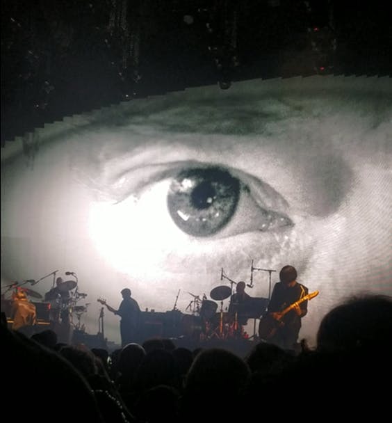 Thom Yorke's eye gazes into the crowd of the Santa Barbara Bowl during Radiohead's encore performance of "You and Whose Army?"