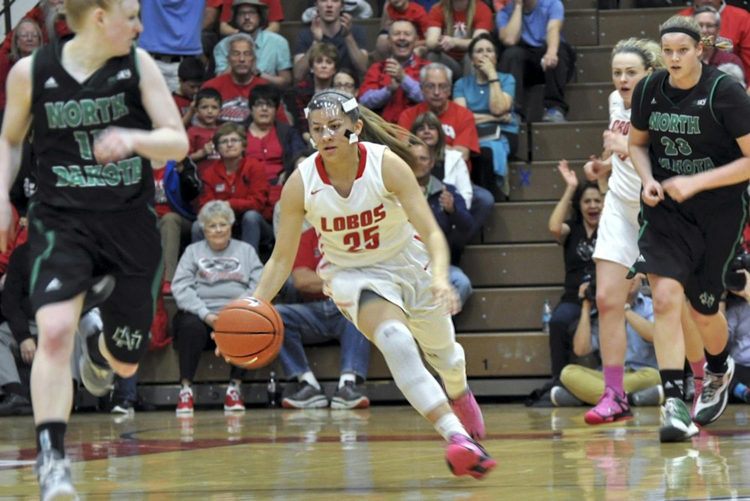 New Mexico freshman guard Laneah Bryan dribbles the ball down the court during the Womens Basketball Invitational opener against North Dakota Wednesday evening at Johnson Center. The Lobos won 54-51.
