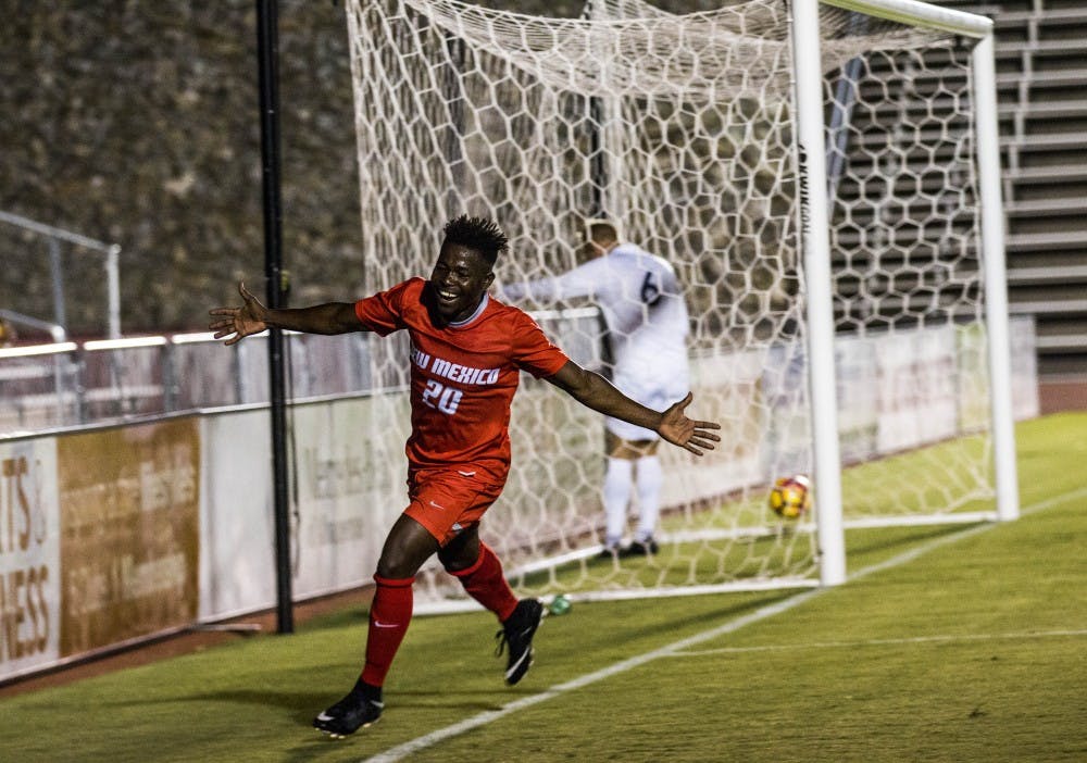 Junior midfielder, Wedner Delmonte scores a goal against Colorado School of Mines on Thursdays night exhibition game at the soccer complex. The Lobos defeated Colorado 3-1.