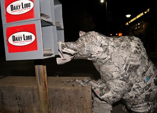 A bear, sculptured out of copies of the Daily Lobo, munches on newspapers outside the Bookstore on Wednesday. The sculpture had no label indicating artist or title.   