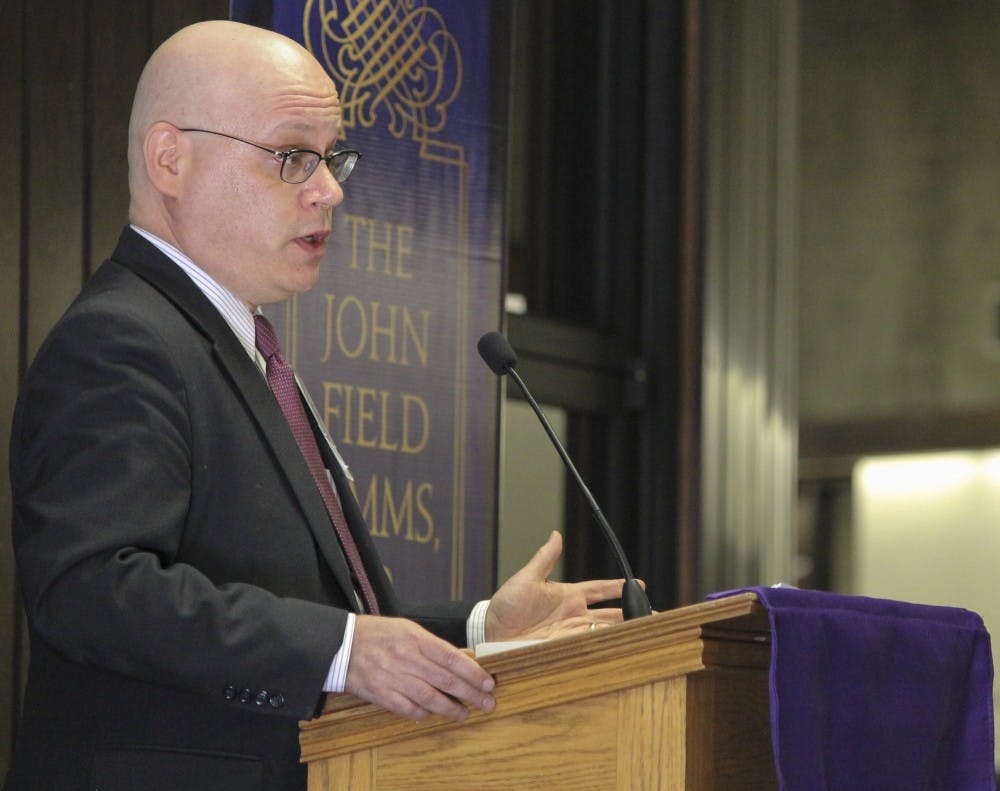 Jess Bravin, author of the book ?The Terror Courts: Rough Justice at Guantanamo Bay,? gives a lecture on the policies and conflict surrounding Guantanamo Bay at the School of Law on Thursday afternoon. 