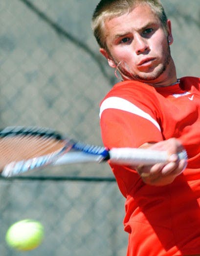 UNM's Max Jones returns a volley in singles action against San Diego State on Sunday at the UNM Soccer Complex. Jones helped the Lobos go 3-0 over the weekend, including Sunday's 5-2 win over the Aztecs.