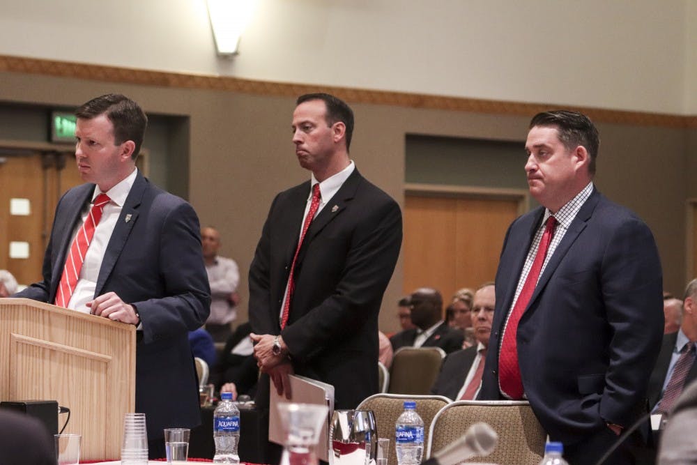 From left to right, Rob Robinson, Eddie Nuñez and Brad Hutchins stand in front of the Board of Regents on March 22, 2018 at the Budget Summit.