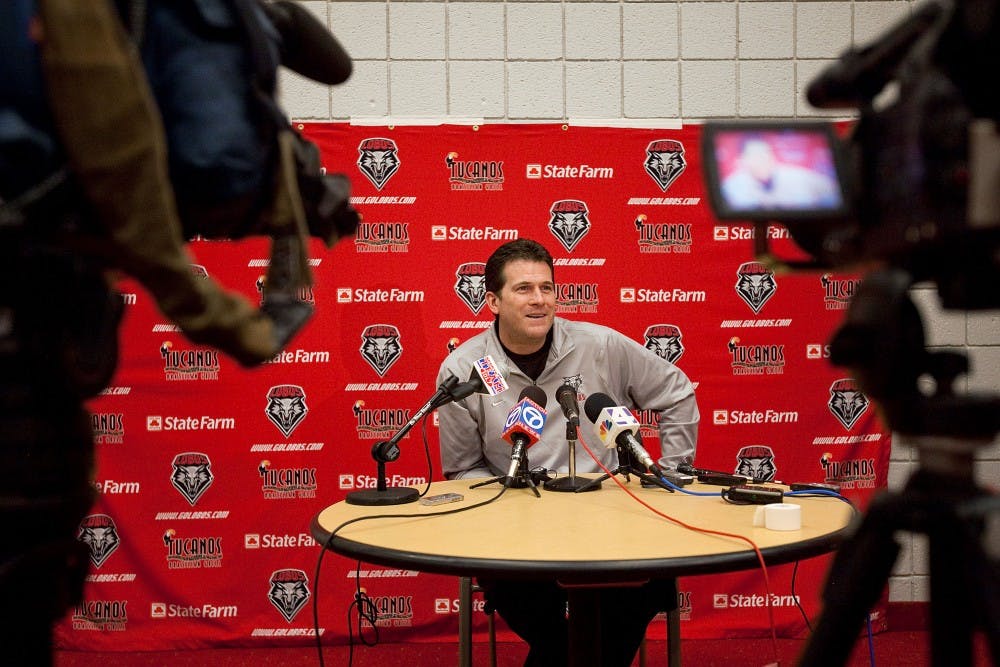 	Men’s Basketball coach Steve Alford speaks during a press conference at the Davalos Center on Monday. Alford was named MWC coach of the year, and Darington Hobson is the MWC player of the year.