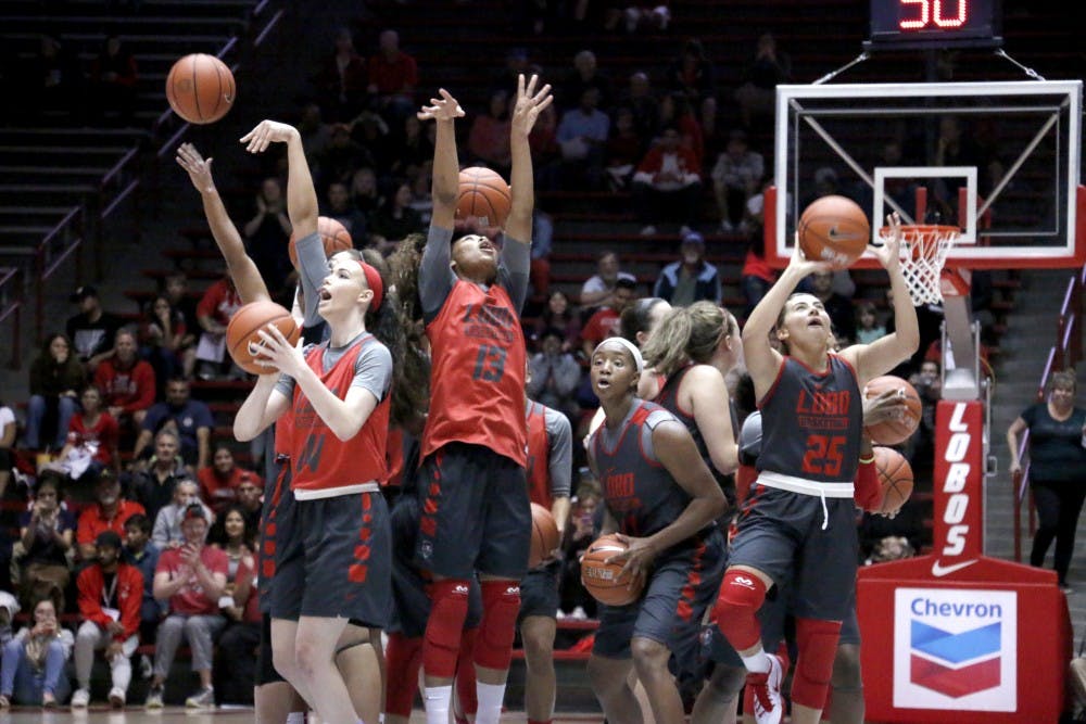 The Lobos finish their dance show during the Lobo Howl at WisePies Arena Oct. 16, 2015.  The womens basketball team ran practice drills and finished off their session with a dance session on the court. 