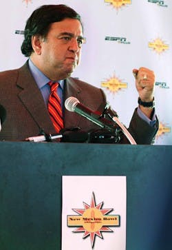 Gov. Bill Richardson talks about the New Mexico Bowl during a news conference Monday at University Stadium.