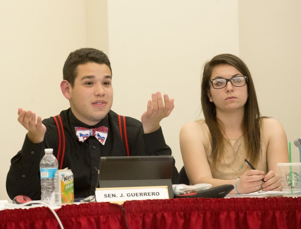 ASUNM Sen. Jorge Guerrero expresses his opinion about a resolution to remove Social Security numbers from UNM's entrance application on Wednesday at the SUB Meeting rooms. The resolution passed the Senate. 