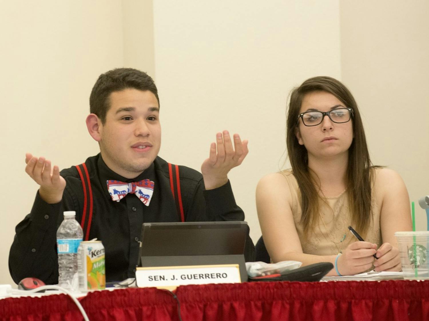 ASUNM Sen. Jorge Guerrero expresses his opinion about a resolution to remove Social Security numbers from UNM's entrance application on Wednesday at the SUB Meeting rooms. The resolution passed the Senate. 