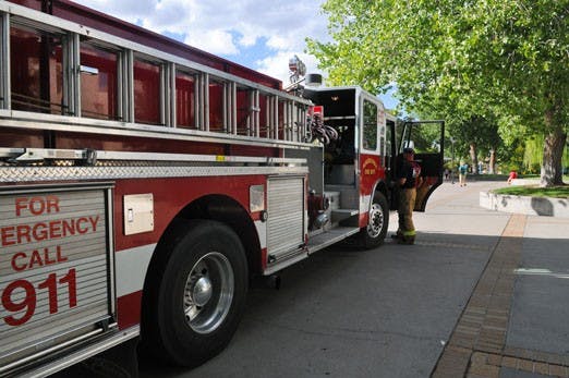 A fire truck parked near campus after responding to a fire alarm in Mesa Vista Hall. The building was evacuated, and no one was injured by the small fire. The fire was likely caused by a mechanical malfunction, according to UNMPD Spokesman Lt. Pat Davis. 