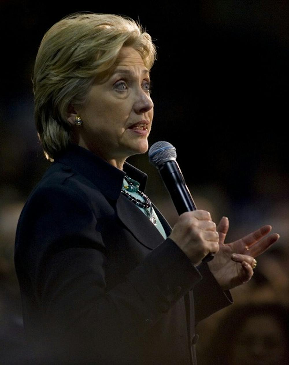 Sen. Hillary Clinton of New York speaks to about 2,800 people at a rally at Highland High School on Saturday.