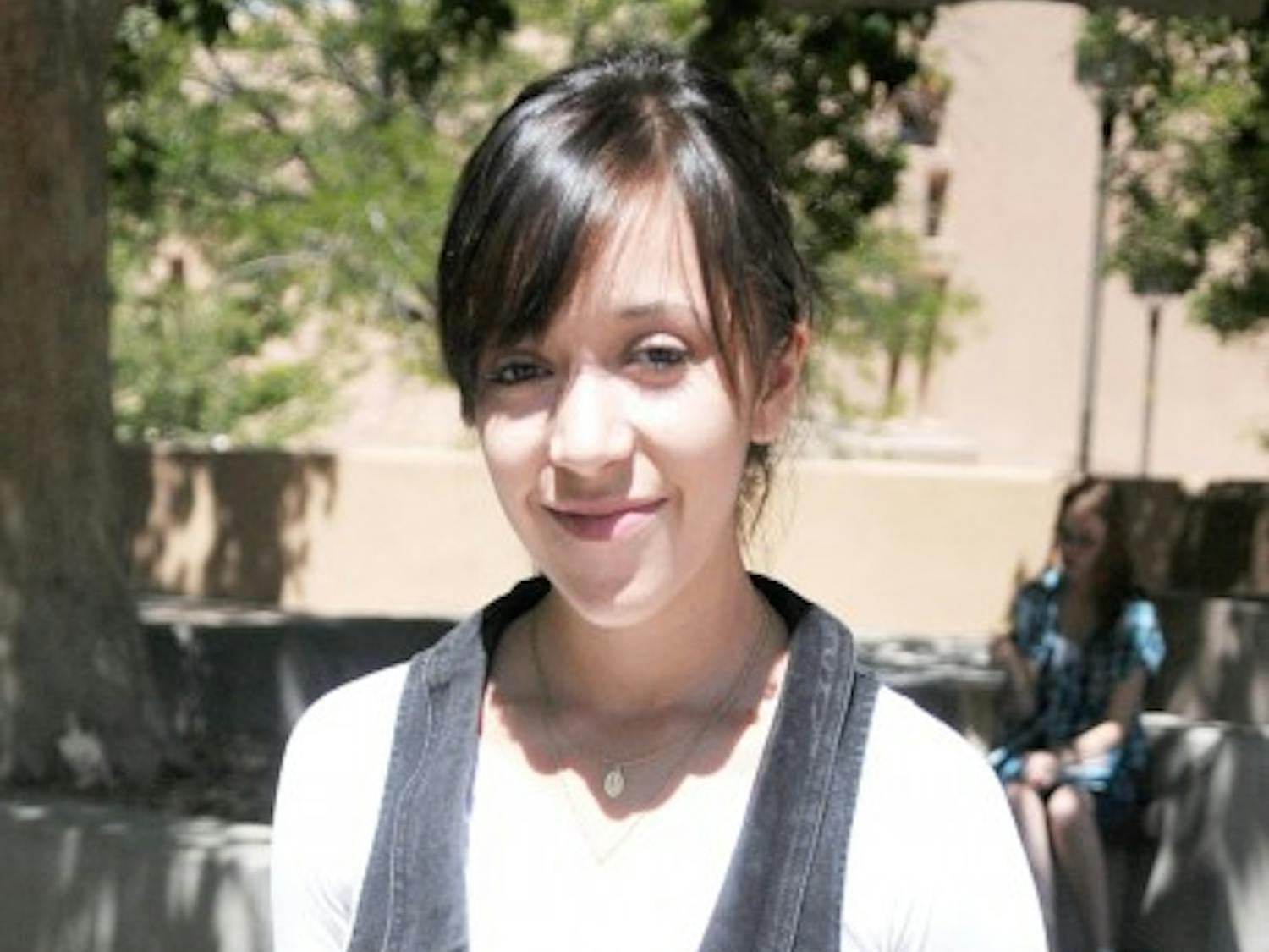 Jennifer Yrene
Freshman, Undecided
“My fashion differs everyday depending on how tired I am.”
Shirt: Target, $7
Vest: 5.7.9., $10
Skirt: Wet Seal, $10
Tights: 5.7.9., $4
Shoes: PacSun, $15
Jennifer walks the line between emo and punk stylings by mixing swaths of black with an opaque, frilled skirt. Her tights are noteworthy because of the tribal spirals and classy when mixed with low-profile flats.
Tip to the Fashion Defunct: “Start simple. Don’t try to do something super fashionable if you don’t really have a fashion sense. Just go with a nice jeans and a good T-shirt. Just go from there.”
Unbearable Fashion Trend: “Neon clothing. Those really bright pants — I am not a fan. Also, plaid I hate.”