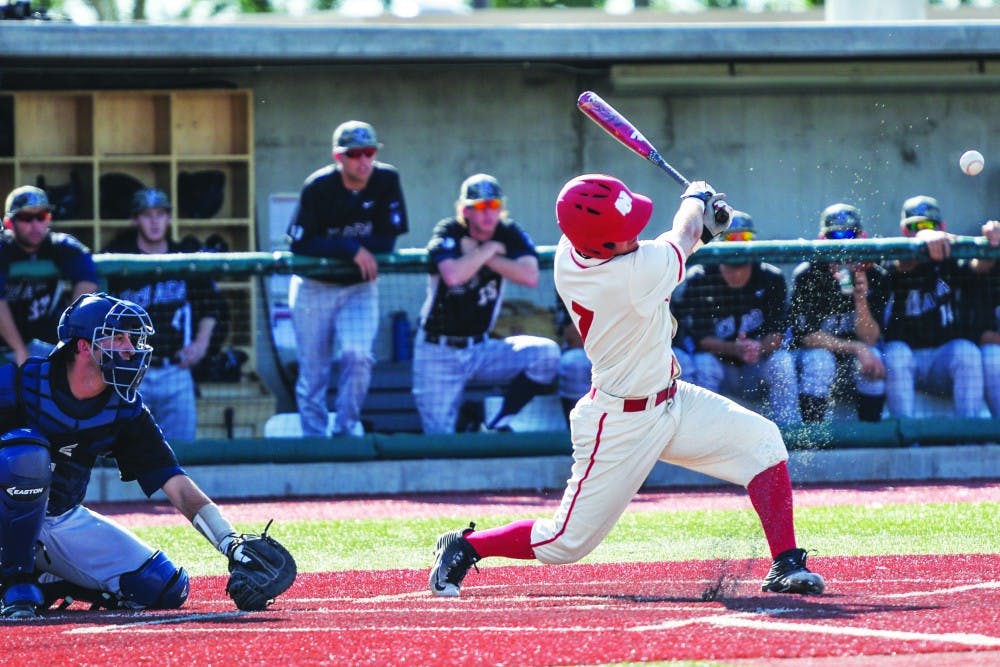 Sophomore outfield Luis Gonzalez looks on after striking out against Nevada on Saturday May 28, 2016 at Santa Ana Star Field. The Lobos lost against Dallas Baptist 5-3 Sunday afternoon, knocking them out of the NCAA regional championships and ending their season.