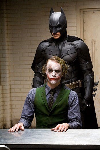 Christian Bale and Heath Ledger star in "The Dark Knight." 