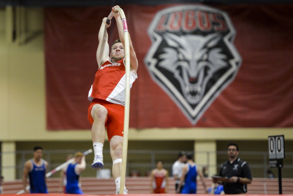 Freshman pole vaulter Nathan Burnett prepares to launch himself up on Saturday, Jan. 28, 2017 at the Albuquerque Convention Center. UNM hosted the New Mexico Team Invitational this past Saturday, and will also host the New Mexico Classic and Multis this Friday.