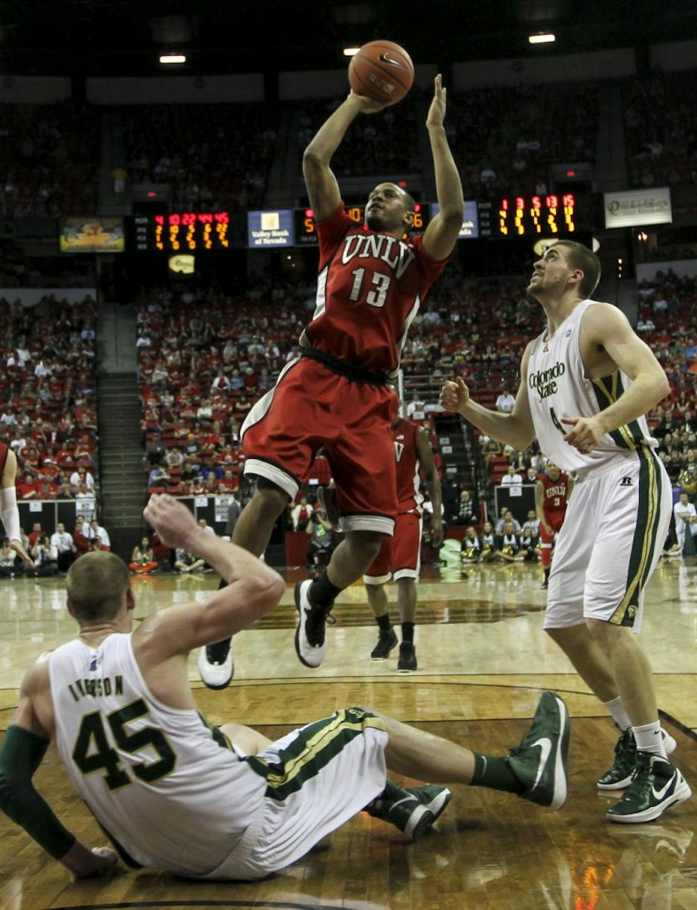 	UNLV guard, Bryce Dejean-Jones shoots a pull-up jumper in its 75-65 win over Colorado State University Friday evening, March 15, 2013 at the Thomas and Mack Center in Las Vegas, Nevada.