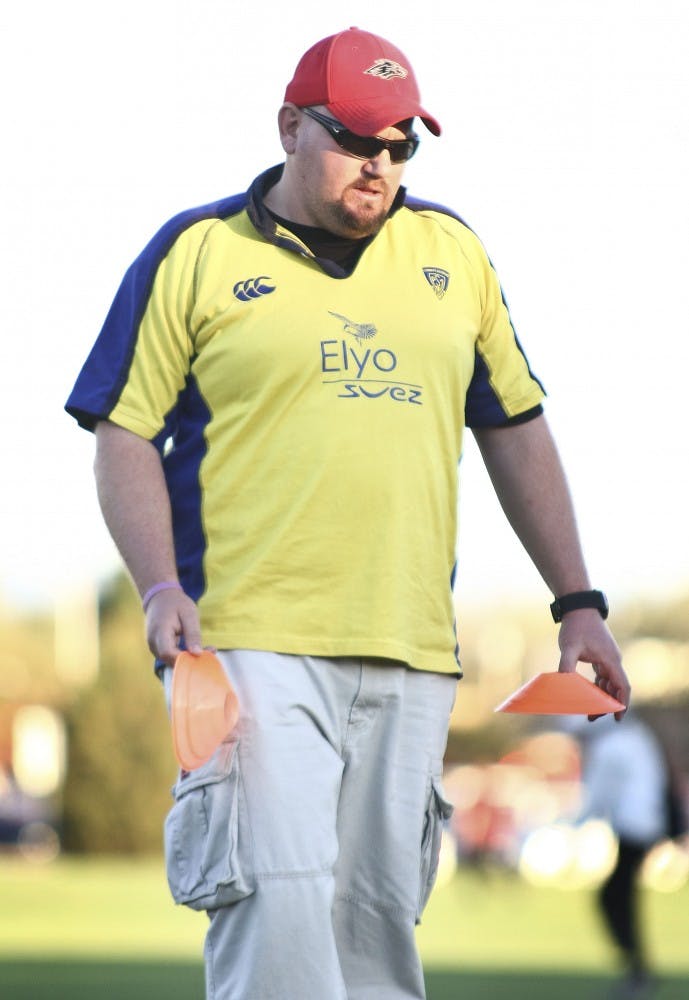 	UNM head rugby coach Miguel Berthet strolls along during his team’s practice at Johnson Field. Berthet is a native of Argentina who played Rugby nearly his whole life.


