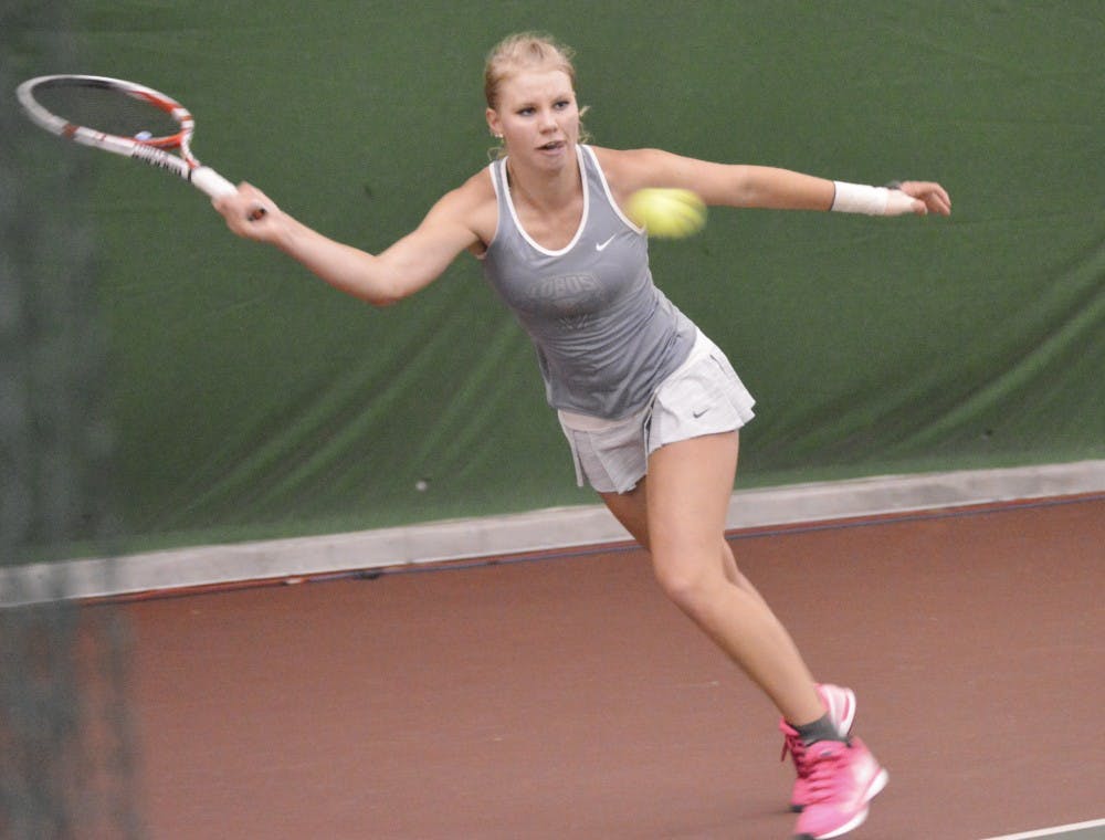 UNM sophomore Dominique Dulski plays against Wyoming on Sunday afternoon at Linda Estes Tennis Complex for the Mountain West Women?s Championships.