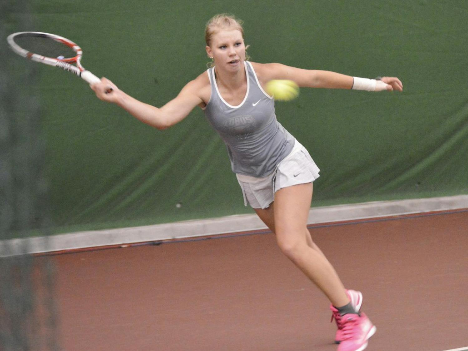UNM sophomore Dominique Dulski plays against Wyoming on Sunday afternoon at Linda Estes Tennis Complex for the Mountain West Women?s Championships.