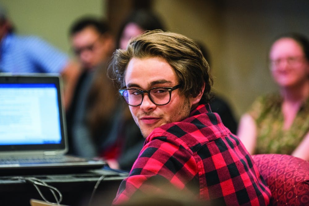 ASUNM Senator Theo Pirone-Aufrichtig explains his new bill to the Steering and Rules Committee on Wednesday, April 5, 2017 at the UNM SUB. Pirone-Aufrichtig’s bill attempted to change the ASUNM constitution, which guaranteed student publications 8.5 percent of ASUNM’s spring budget. 