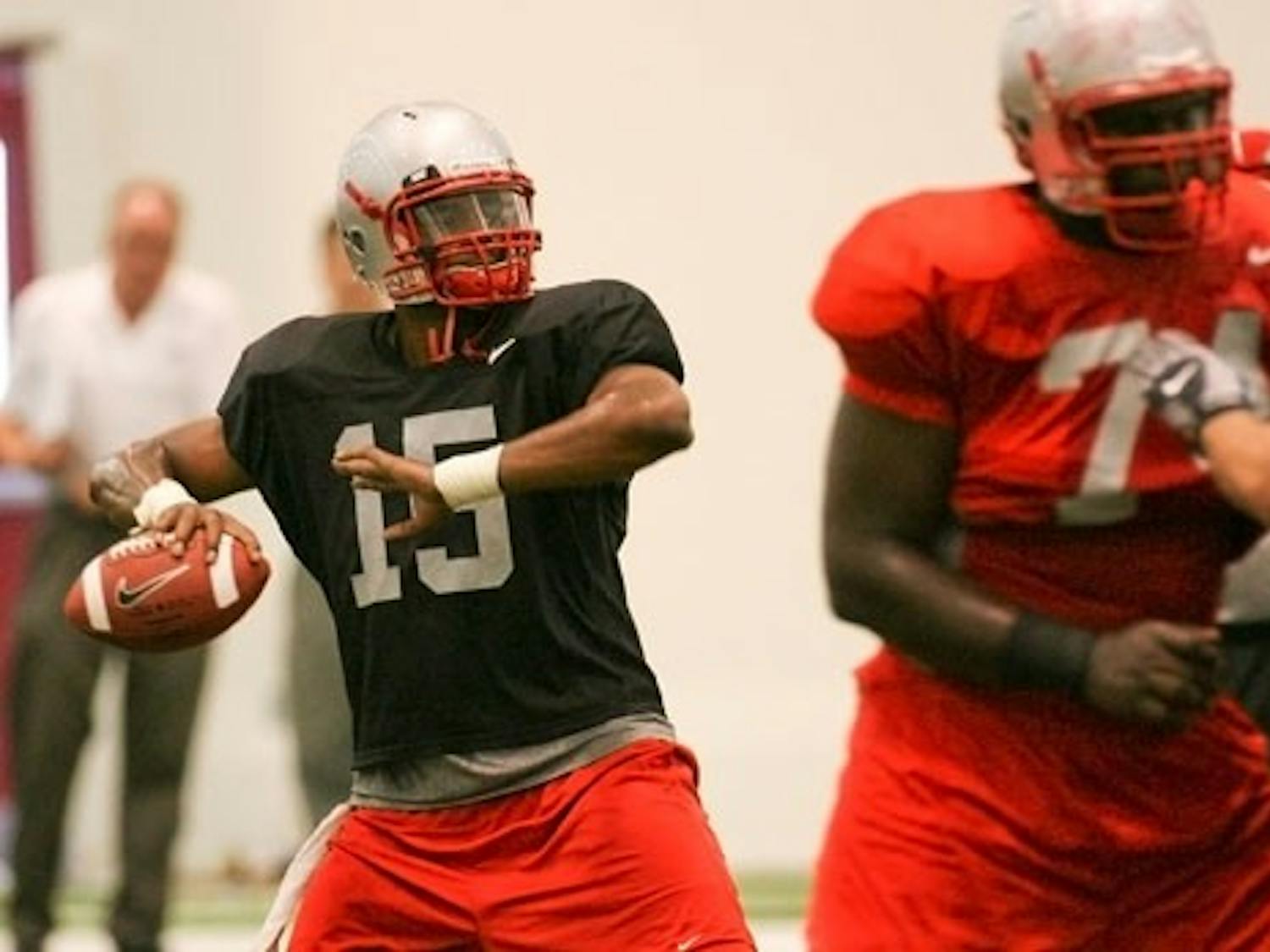 UNM's Donovan Porterie throws the ball during Thursday's practice. The Lobos open the season Saturday against TCU at University Stadium.