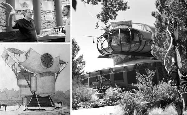 Clockwise from top left: Architect Bart Prince talks to Max Roberts-Zirker along with members of the Foppish Academics in his studio Sept. 14. Prince's residence on Monte Vista Boulevard. Prince's drawing of Robert and Cynthia Hanna's Albuquerque residenc