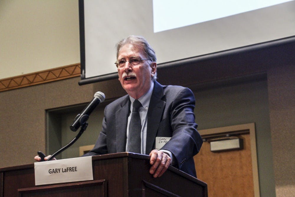 Gary LaFree gives a speech about the future of domestic Terrorism on April 3, 2018 during the&nbsp;Symposium on Global National and Human security, a two-day event at UNM.