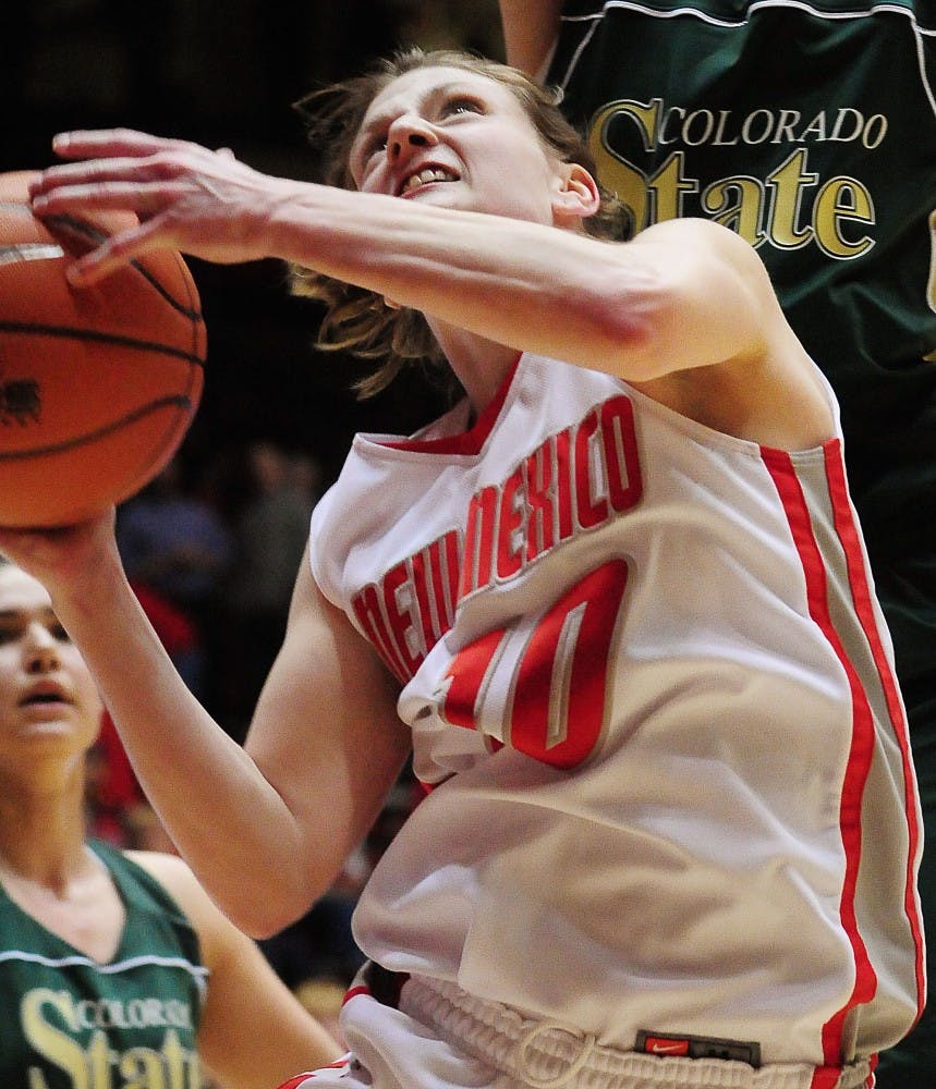 	Amy Beggin drives past a slew of Colorado State defenders. The Lobos will face Colorado State on Tuesday in the Mountain West Conference tournament.
