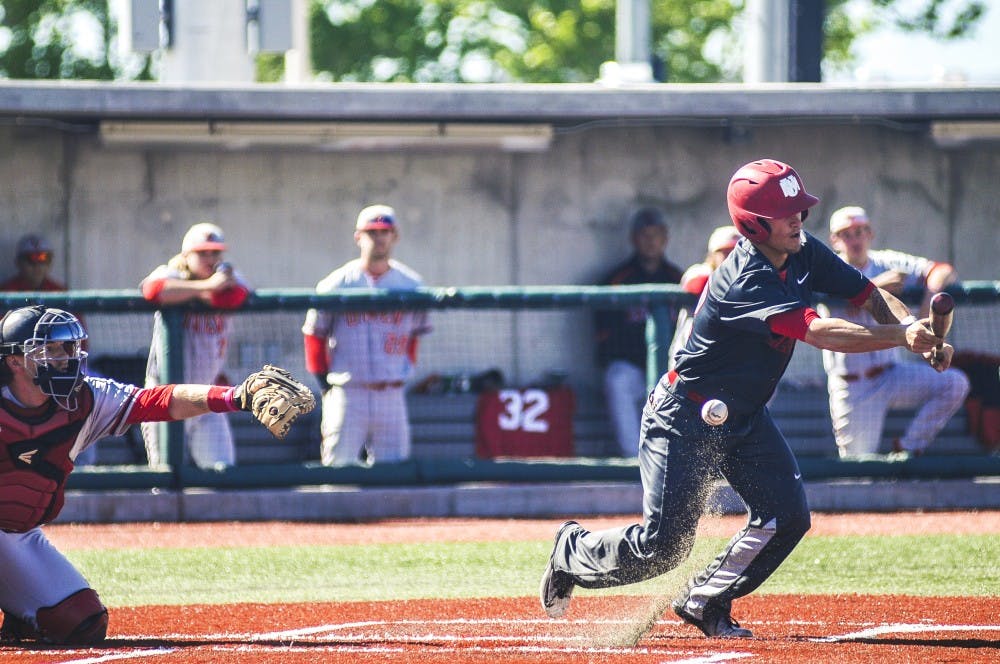Senior Dalton Bowers lays down a bunt against UNLV on Saturday at Santa Ana Star Field. The Lobos will play Fresno State this weekend in Albuquerque in a three game series. 