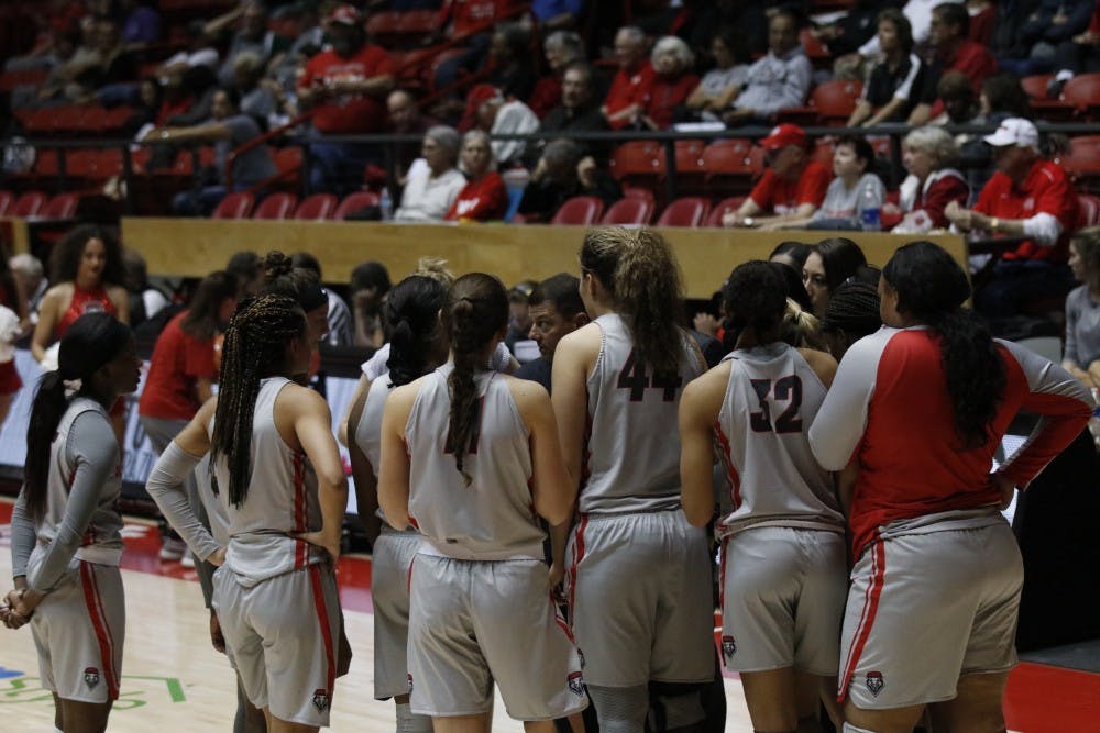       The   women's basketball huddle during a break during their exhibition match   against the Eastern New Mexico Greyhounds at Dreamstyle arena on Nov. 2,   2017.    