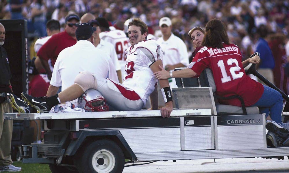 Ex-quarterback Kole McKamey is taken off the field after a season-ending knee injury during a Sept. 9 game against NMSU in Las Cruces. McKamey announced Friday that he was withdrawing his petition to the NCAA for a sixth year of eligibility.  