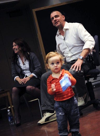 Professor Monica Cyrino, left, sits with guest speaker Ray Stevenson and his son Sebastiano during Cyrino's class in Woodward Hall on Thursday. Stevenson played Titus Pullo in the HBO miniseries "Rome," which the class watched on Tuesday.