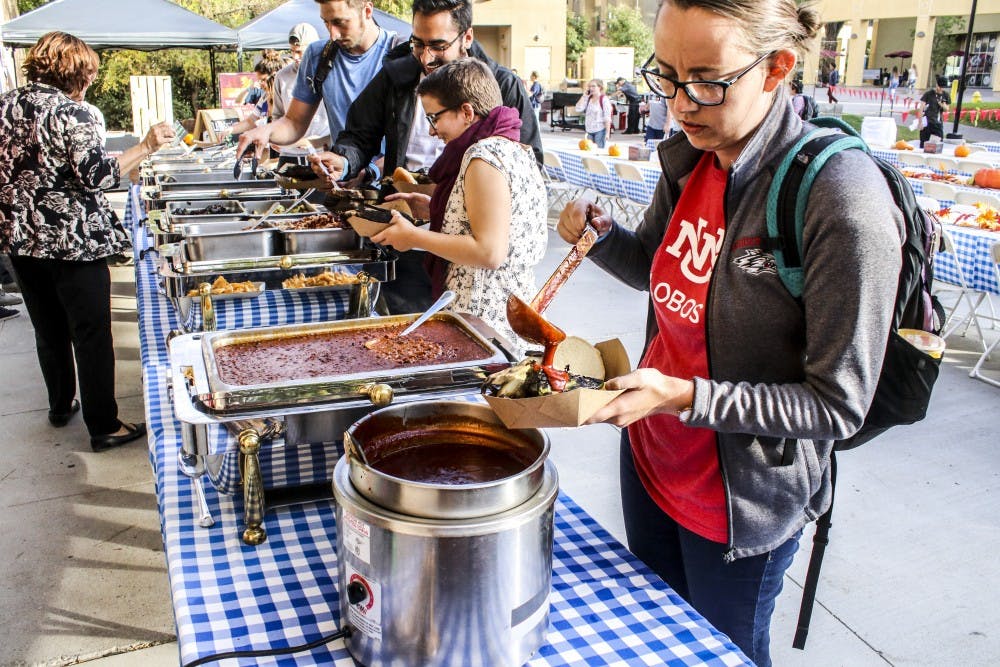 UNM students line up for food outside the LaPo dinning hall on Oct. 18, 2017 for the legacy event LaPo Goes Local.