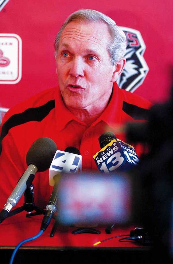 UNM head football coach Rocky Long answers questions during a news conference in Tow Diehm on Tuesday. 