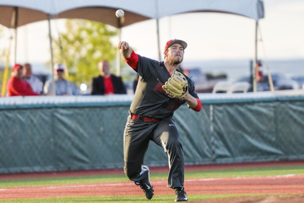 Sophomore catcher Carl Stajduhar launches the ball towards first base in attempt to out the runner April 1, 2016 at Santa Ana Star Field. The Lobos won their Thursday and Saturday games against Air Force but dropped their Friday game, ending the series 2-1.&nbsp;