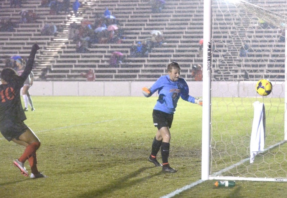 Lobos Cassie Ulrich&nbsp;slams her fists together after letting through a shot in the first half against San Diego State Friday night. The Lobos battled their way to a 2-0 loss against the Aztecs. &nbsp;