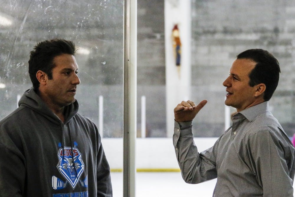 
UNM Men?s Hockey coach Grant Harvey, left, talks with UNM Men?s head Basketball coach Paul Weir during the men?s hockey practice on Aug. 30, 2017. Weir is a self proclaimed hockey enthusiast. 
