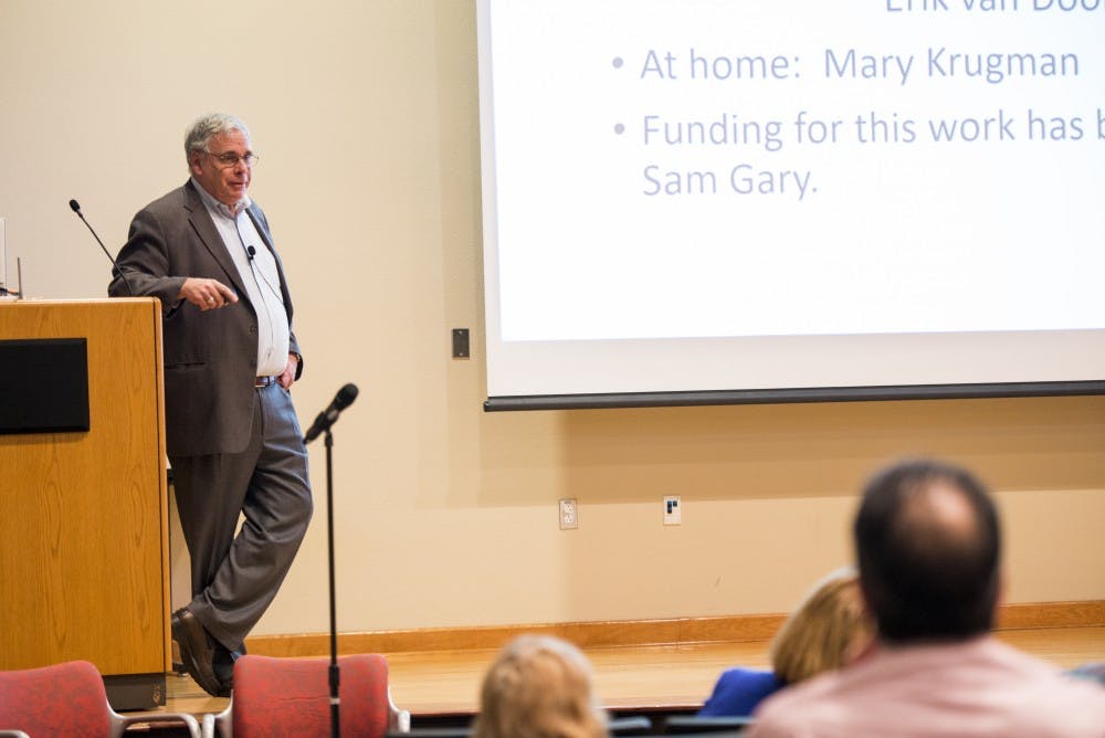 Richard D. Krugman opens up his presentation on child abuse and neglect on&nbsp;Wednesday, Feb. 8, 2017 at the Domenici Center for Health Sciences Education.