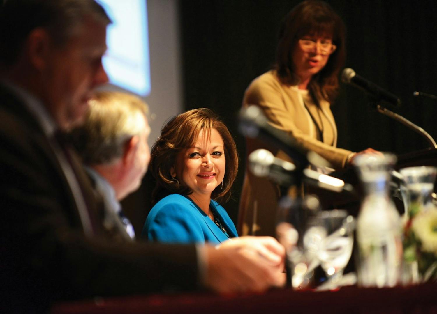 Gov. Susana Martinez looks at Wednesday’s panel of speakers during a conference held in the SUB. Martinez was the keynote speaker, addressing challenges the state of New Mexico faces with higher education.