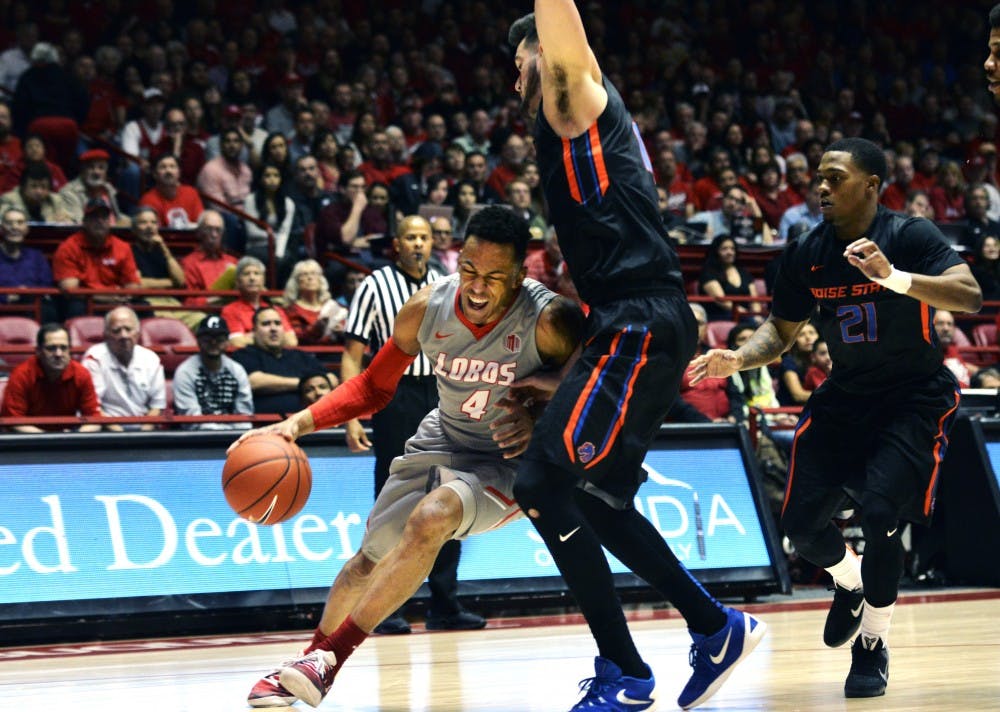 Redshirt sophomore guard Elijah Brown drives to the net Wednesday, Feb. 17, 2016 at WisePies Arena. The Lobos will play Fresno State this Saturday at WisePies Arena at 8 p.m..