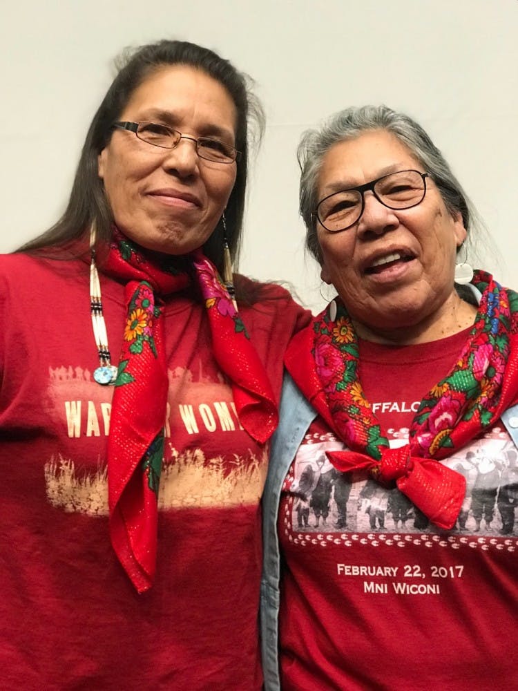 Marcella Gilbert (left) and Madonna Thunder Hawk (right) at George Pearl Hall Auditorium.